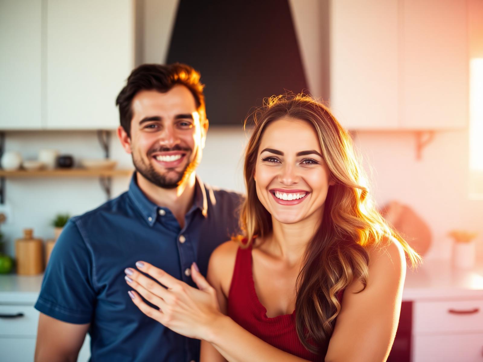 Happy homeowners in a bright modern kitchen