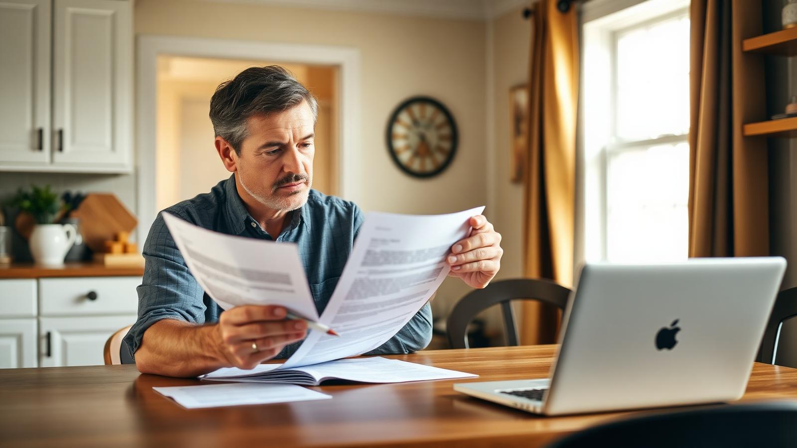 Homeowner comparando documentos en la mesa de la cocina, evaluando opciones con confianza antes de decidir